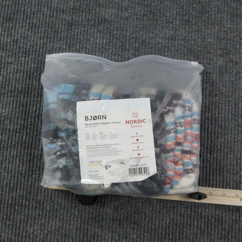 BJORN Socks Mens M Multicolor Mid Calf Merino Wool 5 Pair Thermal Breathable NWT
